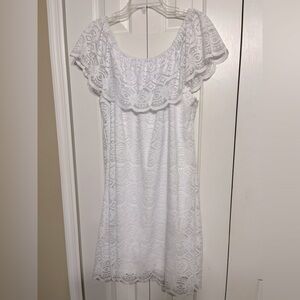 Beautiful bright white lace off the shoulder dress.